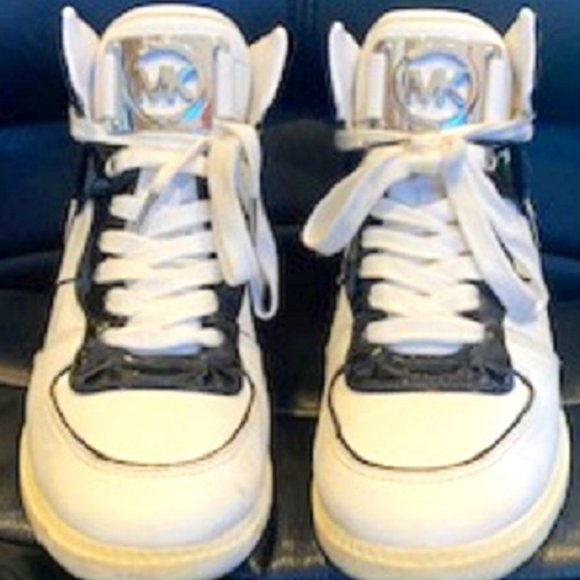 Michael Kors Women Nikko High Top Wedge Sneakers Shoes Optic White/Black 7 1/2M - Picture 1 of 9